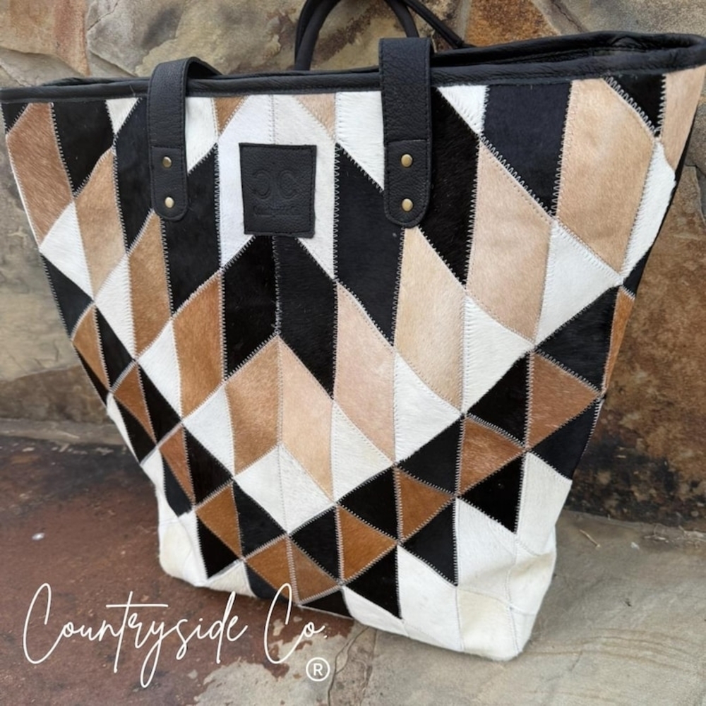 Geometric Leather Tote - Black, Brown, and White